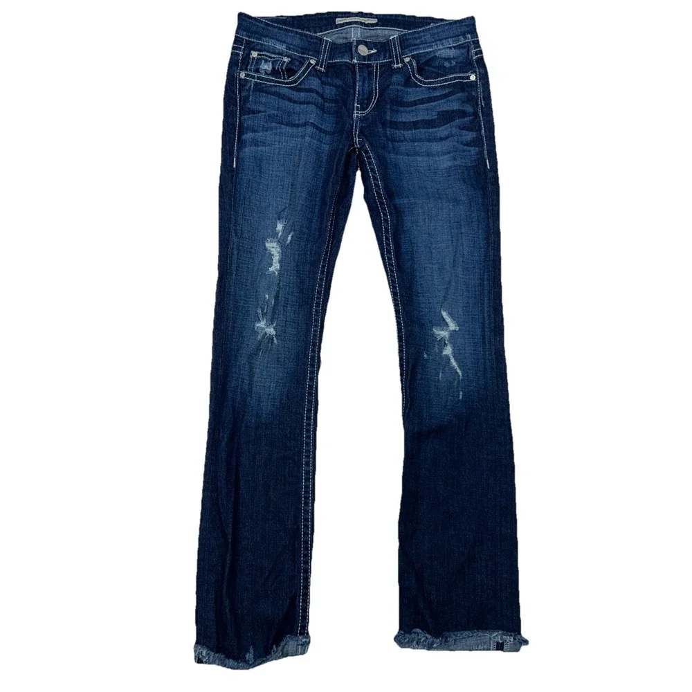 BKE Stella Frayed Raw Hem Distressed‎ Whiskered Jeans Stretch Size 28